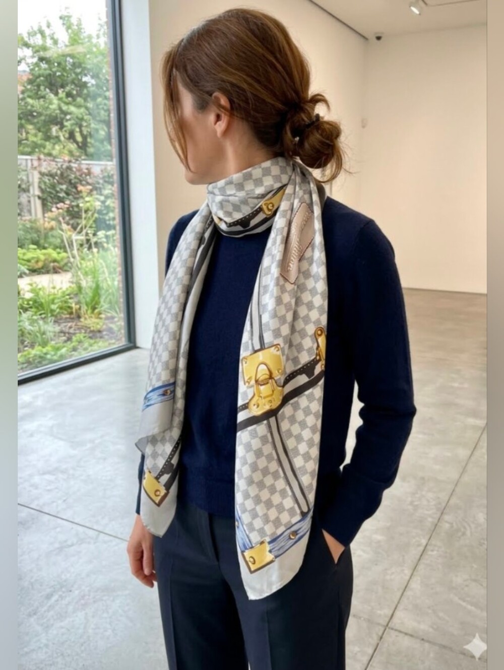 Andantino Gray Checkered Fashion Trunk Scarf with Gold Hardware Print